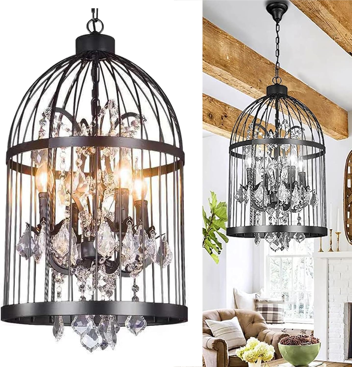 Industrial Birdcage Pendant Lighting Vintage 4-Light Cage Crystal Chandelier Retro Hanging Ceiling Light Fixture for Dining Room Bar Foyer Cafe (Black)