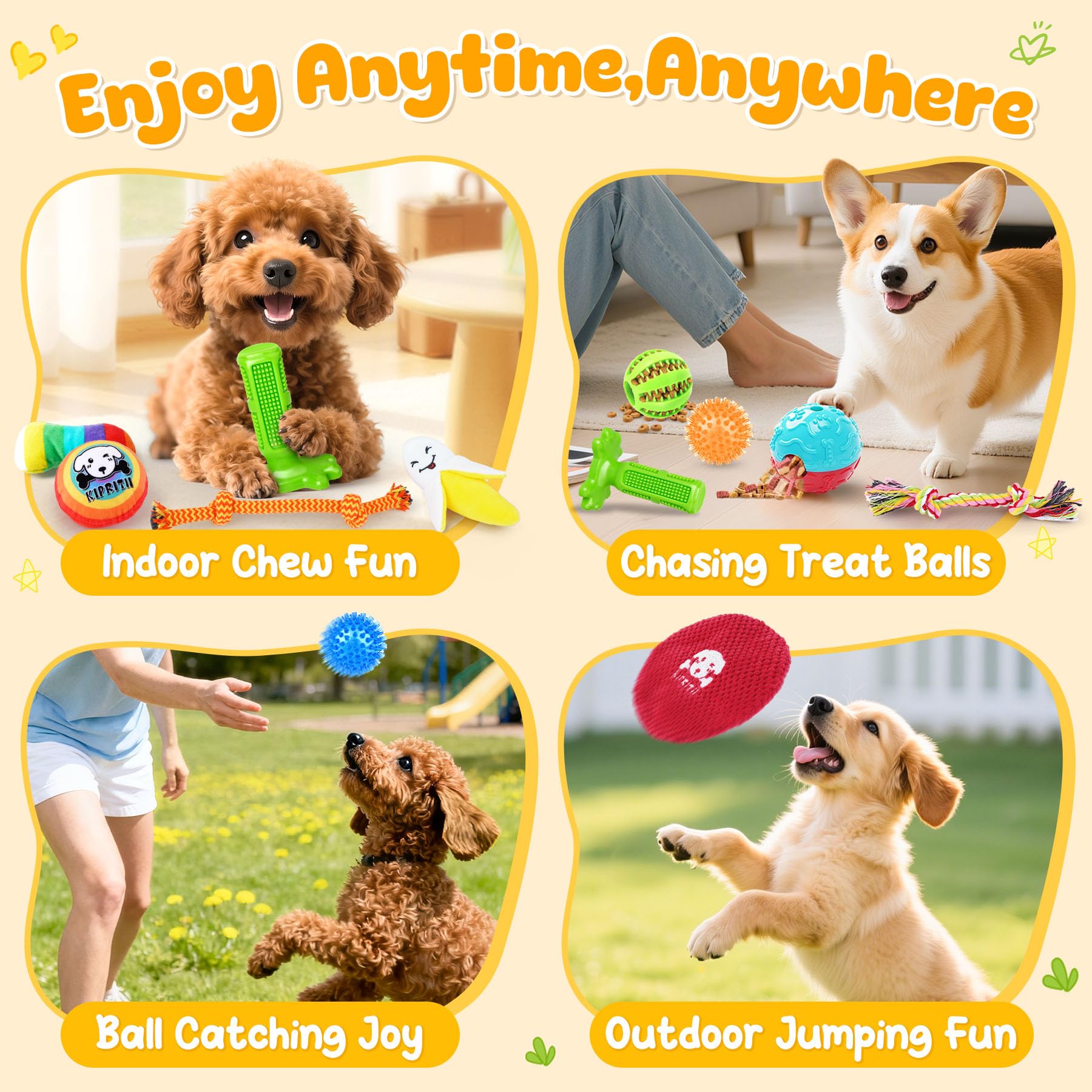 KIPRITII 25 Pack Verschiedene Hundespielzeuge Set - Ideal für Zahnen, Unterhaltung & interaktives Spielen, enthält Welpenspielzeug, Seilspielzeug, Leckerlibälle und quietschendes Hundespielzeug