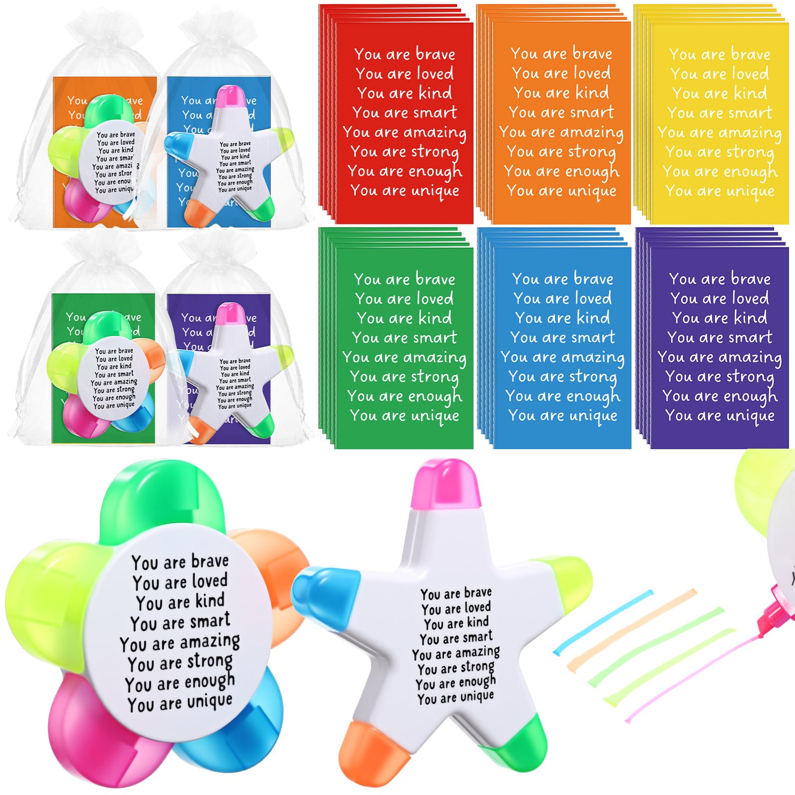 AmazingSpark 18 Sets Schulanfangs-Geschenke für Schüler, Textmarker mit Mini-inspirierenden Notizbüchern, Organza-Beutel, 5-in-1, fluoreszierende Stifte, Bestätigungsgeschenke für Schule
