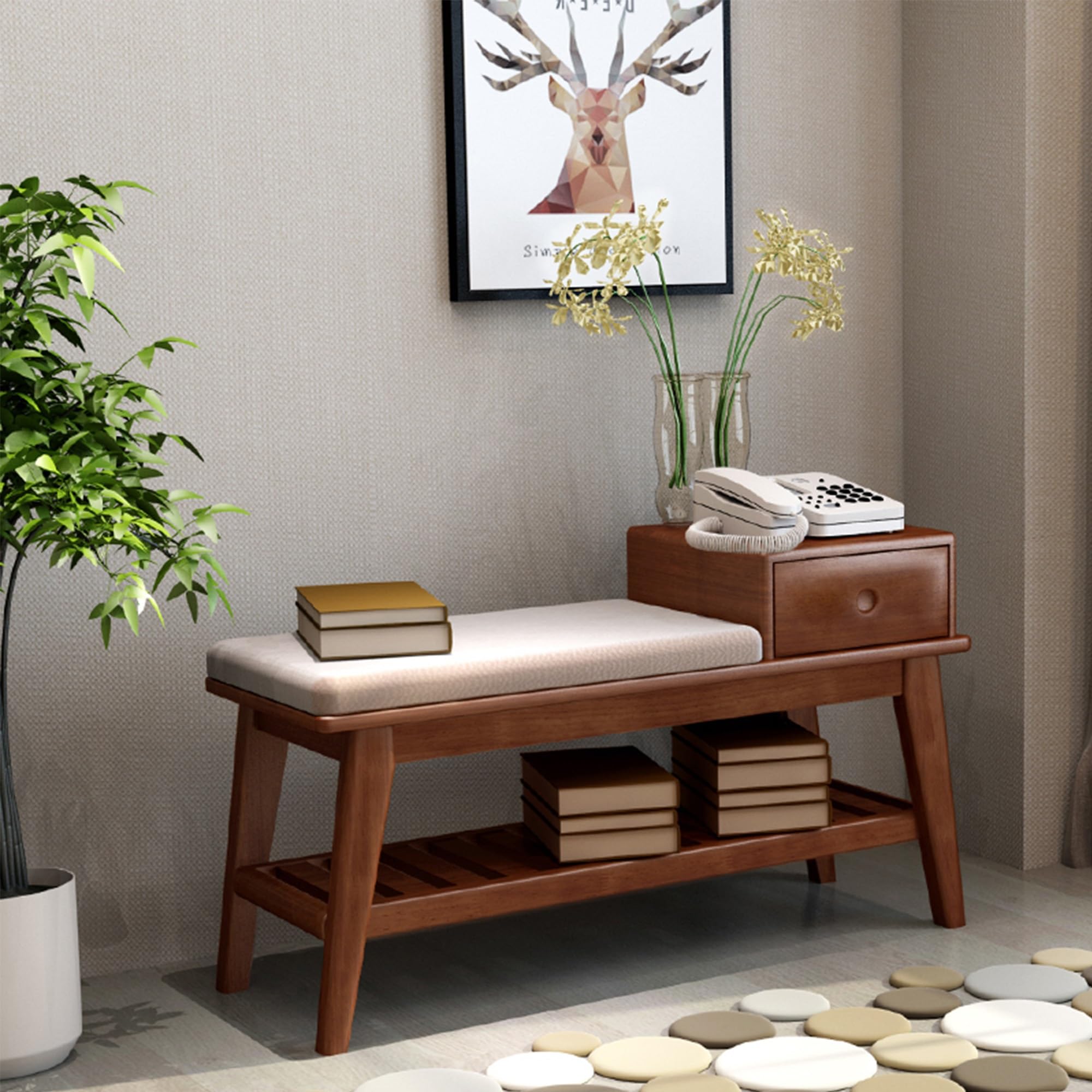 Banc de rangement à chaussures en bois noyer 100 cm avec tiroir et coussin
