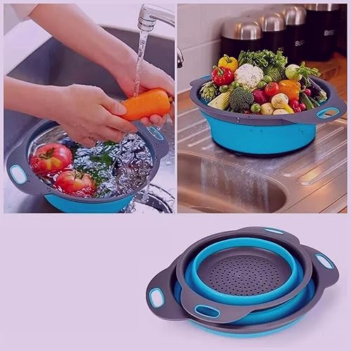 Miniatura 8 de Colador redondo de silicona azul plegable  Colador de cocina plegable pequeño colador plegable azul con asas de plástico para drenar verduras y