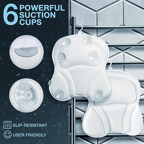 Miniatura 5 de Premolux Almohada de baño  Almohada de bañera de apoyo para la espalda con ventosas antideslizantes  Almohadas de baño 4D acolchadas extra cómodas