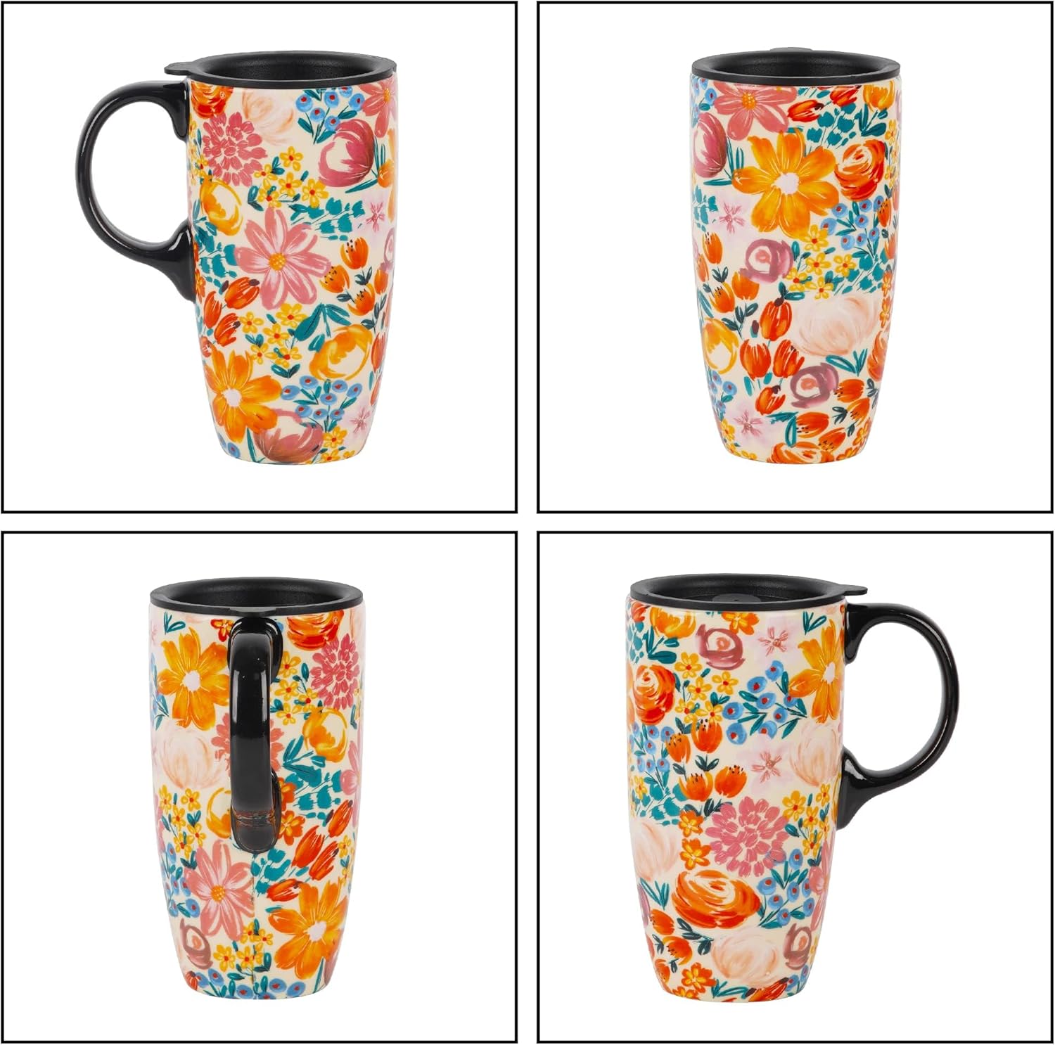 Ceramic Mug Travel Coffee Cup 17oz with Lid and Handle, Porcelain Tall Tea Cup with Handle for Home & Office, 6.5" H Orange Floral Mug - Image 7
