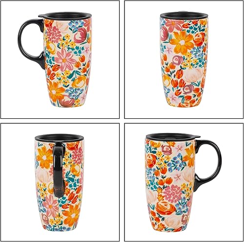 Miniatura 34 de Taza de café de viaje de cerámica con tapa para el hogar y la oficina, taza de té grande de porcelana de 17 onzas con mango de arte floral en caja