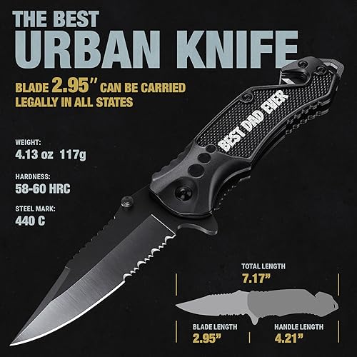 Vista 55 de Navaja de bolsillo legal con hoja dentada de 2.95 pulgadas, rompedor de vidrio, cortador de cinturón de seguridad, cuchillos plegables afilados EDC