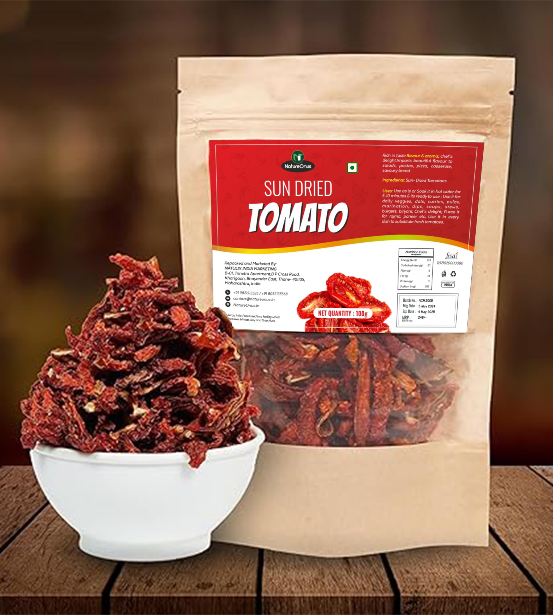 NatureOnus Sun Dried Tomato, 100g | 100% Natural Tomatoes | Hygienically Solar Dried | Anti-oxidant Rich | Use in Dips, Marinades, Salads, Pasta, Veggies, Dals, Curries, Pulav, Soups, Stews, Burgers