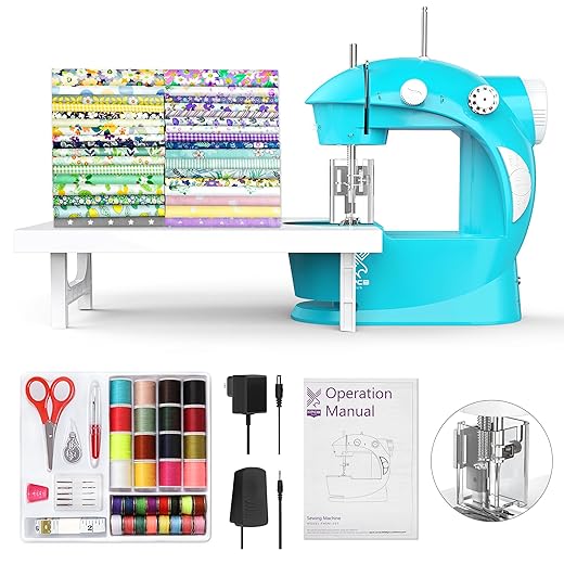 KPCB Sewing Machine [Full Set] with Fabric Bundles, Finger Guard & 42PCS Sewing Kit - Mini Electric Sewing Machine (Blue)