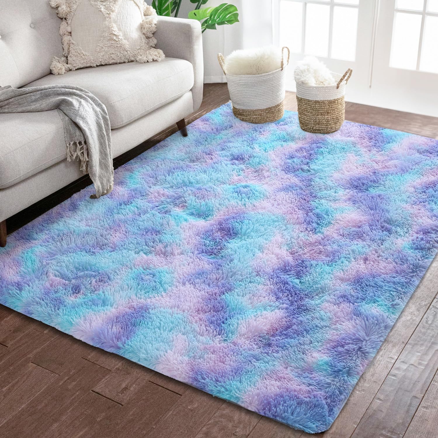YUFANUHO Velvet 3x5 Feet Blue Rainbow Area Rugs for Living Room, Ultra Soft Fluffy Tie-Dyed 3x5 Rainbow Rugs for Girls Room, Baby Nursery, Home Decor