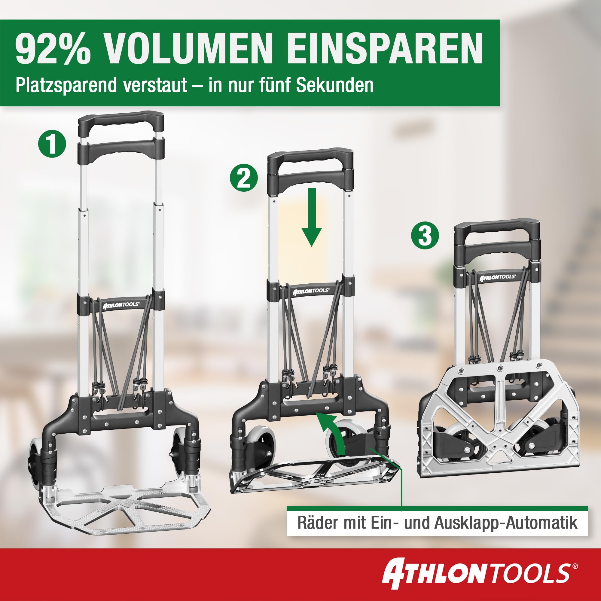 ATHLON TOOLS Aluminium Transportkarre klappbar TÜV GS-geprüft – Langer Teleskopgriff 110 cm, Anti-Rutsch-Pads, Soft-Laufräder, inkl. 2 Expanderseile - Sackkarre klappbar Alu kompakt & leicht