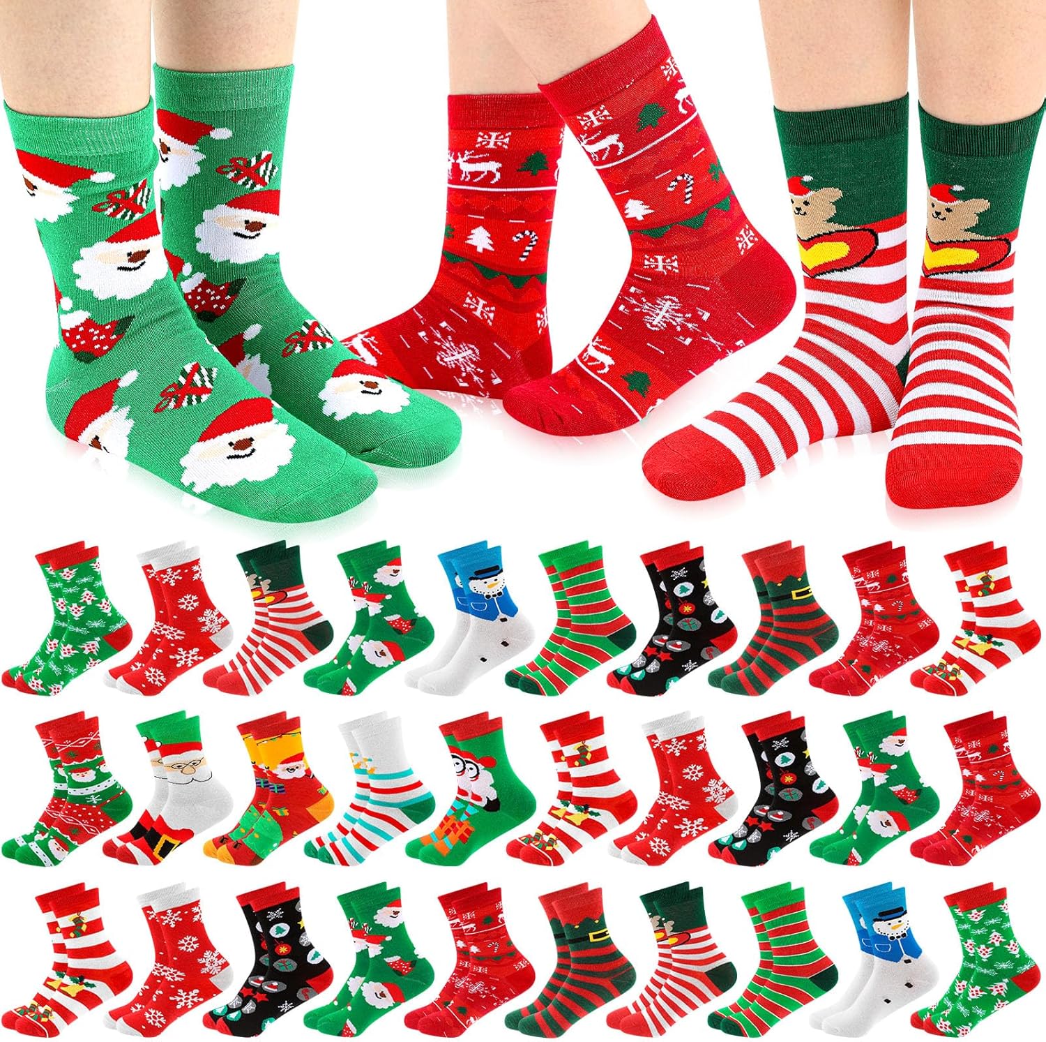 Geyoga 30 Pairs Christmas Socks Bulk Unisex Adult Cotton Socks Men Women Funny Novelty Holiday Sock for Family Stuffer Gift