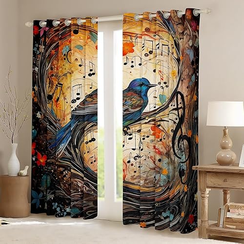 Miniatura 2 de Manfei Cortinas de ventana de pájaros, notas musicales y estampado de flores, cortinas de ventana para niños, niñas, adultos, tratamiento de ventana
