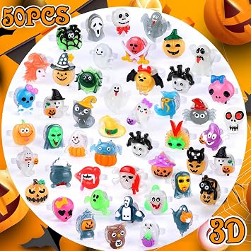 50pcs 3D Halloween Treats Toys Light Up Rings Gifts Halloween Party Favors