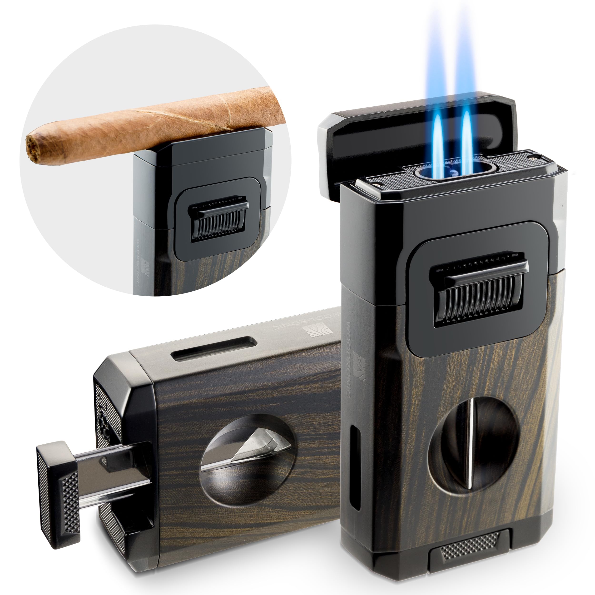 Amazon.com: Woodronic Cigar Lighter with V-Cut Cigar Cutter and Cigar  Holder, Refillable Dual Jet Lighter Without Butane, Lightweight and  Windproof, Cigar Gift for Men, Black : Health & Household