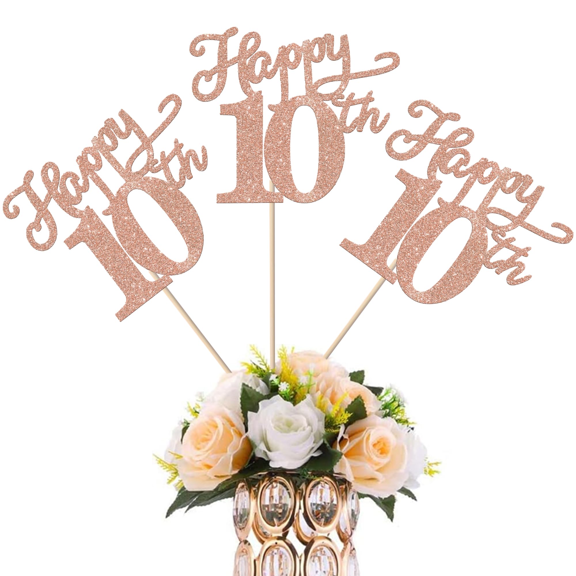 Rsstarxi 12 Pack Happy 10th Birthday Party Decorations Centerpiece Sticks for Table, Wedding Anniversary Party Table Toppers Decorations Rose Gold