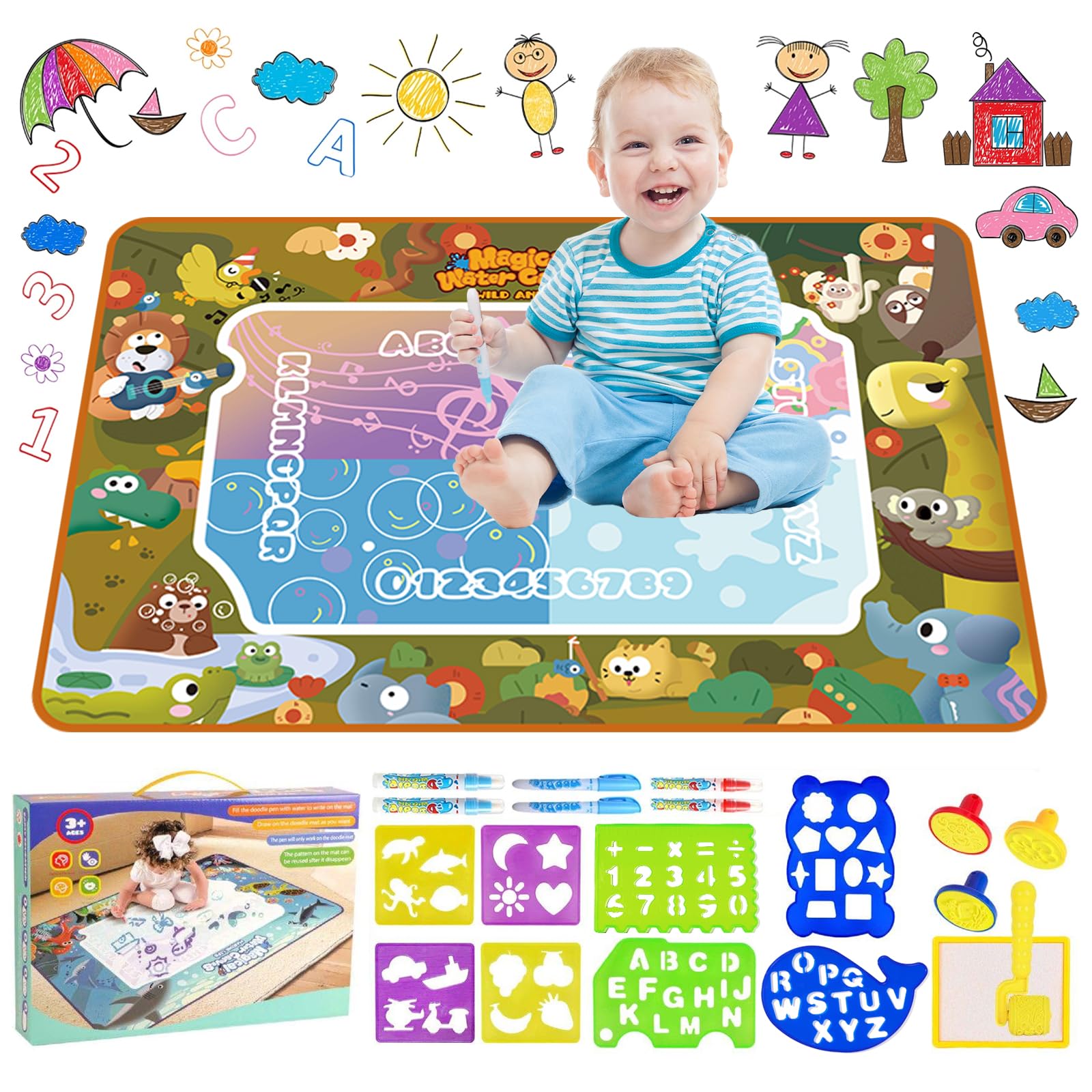 Agua Dibujo Pintura,150 X 100 cm Alfombra Pintar Agua Niños,Doodle Esteras Mágicas,Alfombra con Juego de Herramientas de Pintura,Juguete Educativo Regalo para Crear y Divertirse Sin Manchas