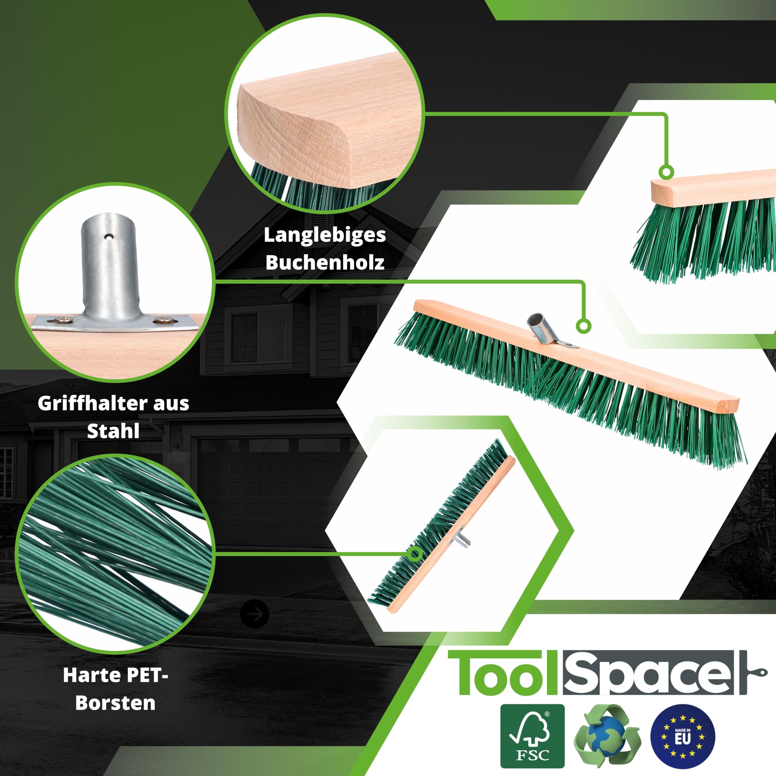 ToolSpace Straßenbesen 60 cm - 2 Stück - Holz Kehrbesen für den Terrasse, Garage, Pflaster, die Wege, PET Borsten Industriebesen mit Stielloch Schrubber ohne Stiel Saalbesen Gartenbesen Großraumbesen