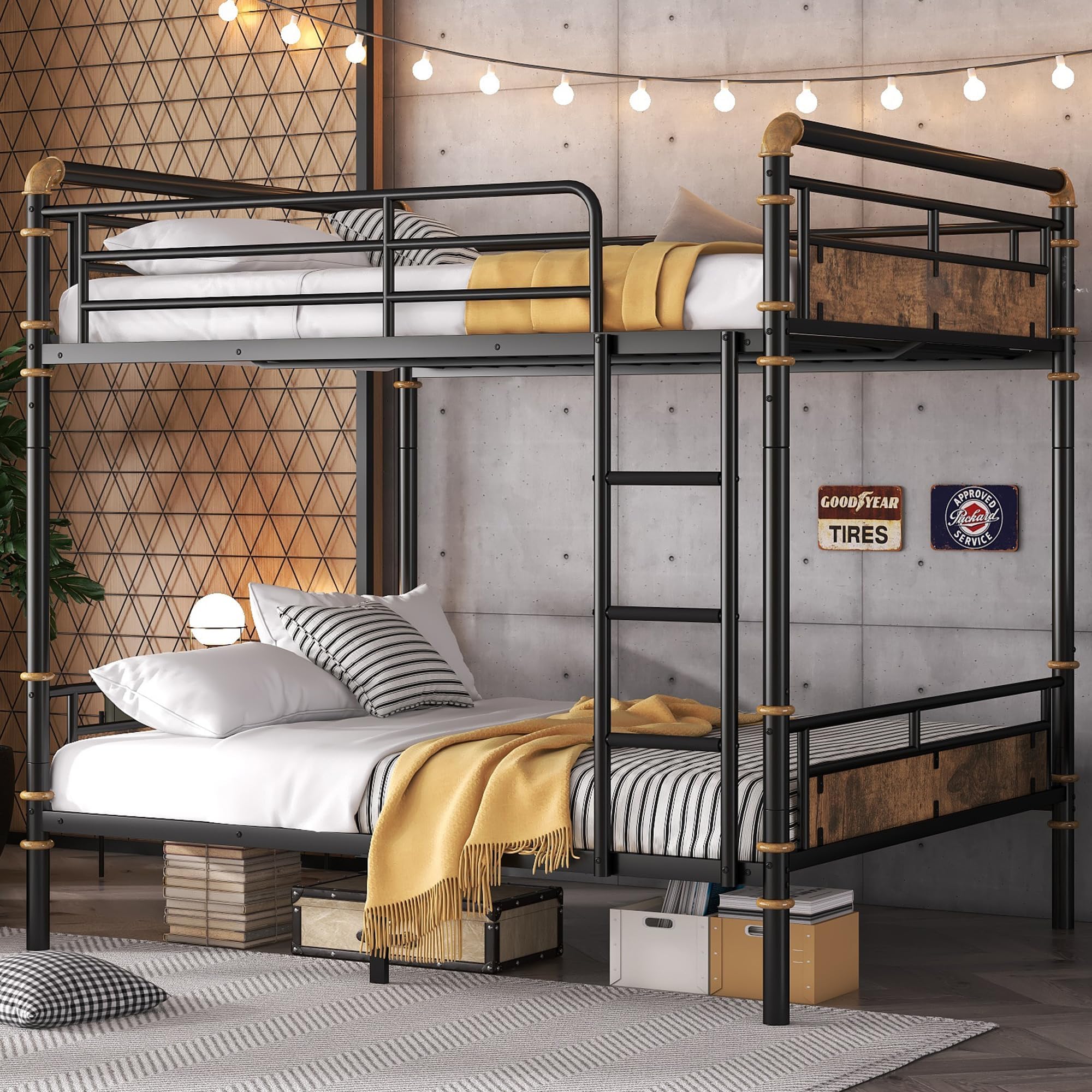 Full over Full Bunk Beds for Teens or Adults ,Industrial Heavy-Duty 2 IN 1 Metal Convertible Bunk Bed Full Size with Ladder and Slats Support ,High Guard Rail,Space-Saving ,Noise Reduced,Black
