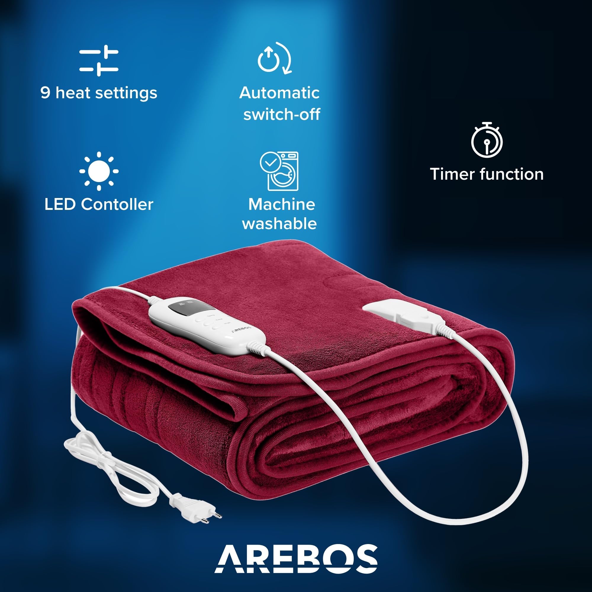 AREBOS Koc elektryczny 160 x 120 cm | Można prać w pralce | Automatyczne wyłączanie, timer, ochrona przed przegrzaniem, funkcja podgrzewania | 9 poziomów ogrzewania | bordeaux