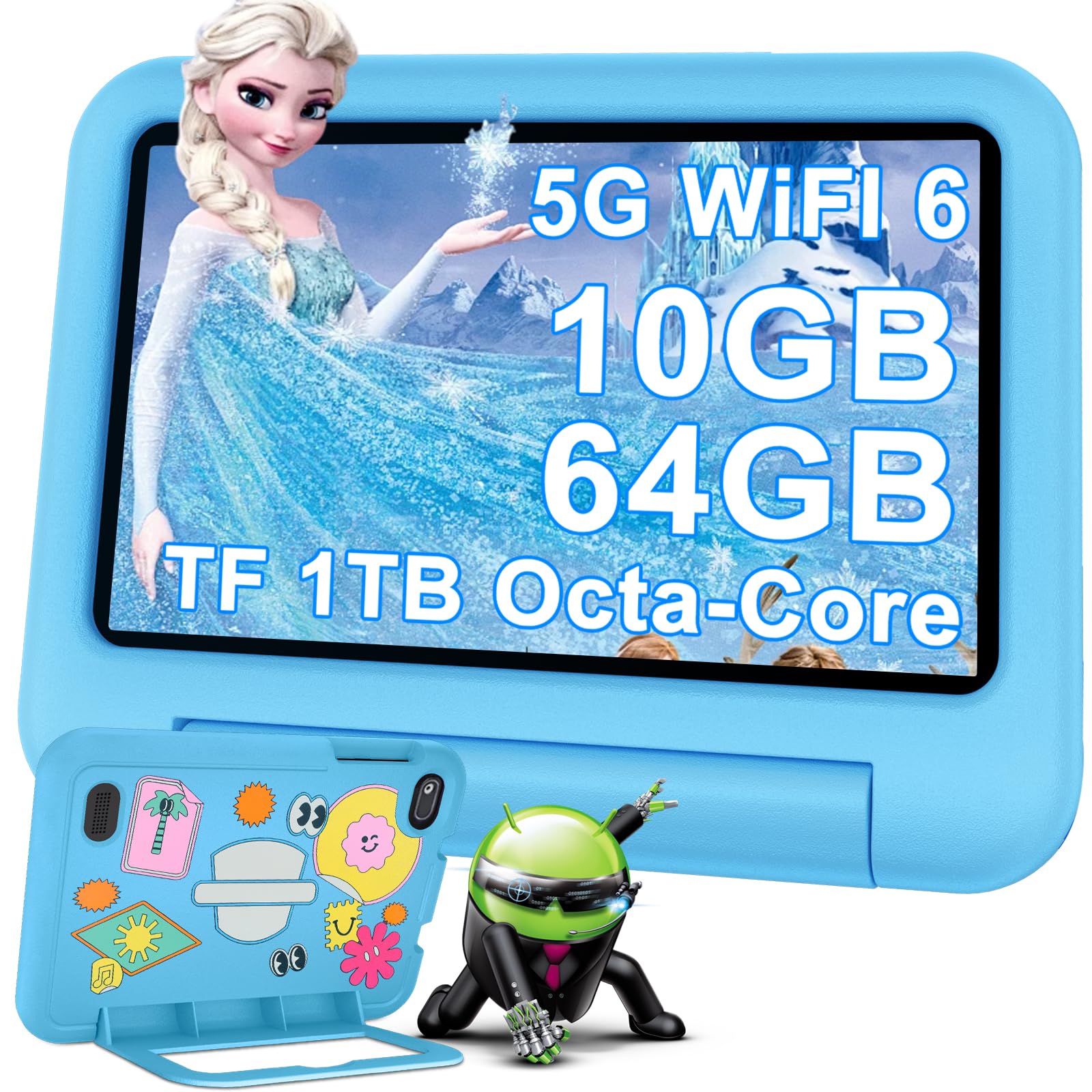 Tablet per Bambini Andorid 14 Tablets 7 Pollici 10GB RAM + 64GB ROM (TF 1TB), 5G WiFi 6, BT5.0, Octa-Core, Controllo Parentale | Doppia Fotocamera | GMS Certificated | GPS | Tablet con Custodia - Blu