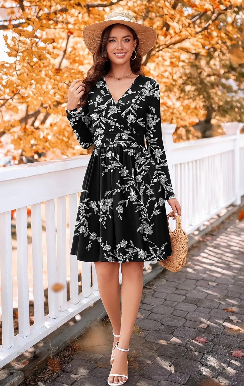 WEACZZY Women's Long Sleeve Casual Fall Dresses V-Neck Swing Floral Party Dress with Pockets 2026 - Image 3