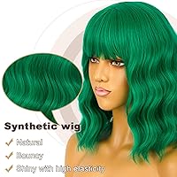 Vista 3 de Pelucas cortas estilo Bob con flequillo para mujer, peluca ondulada suelta rizada ondulada longitud al hombro, peluca sintética estilo Bob para Verde