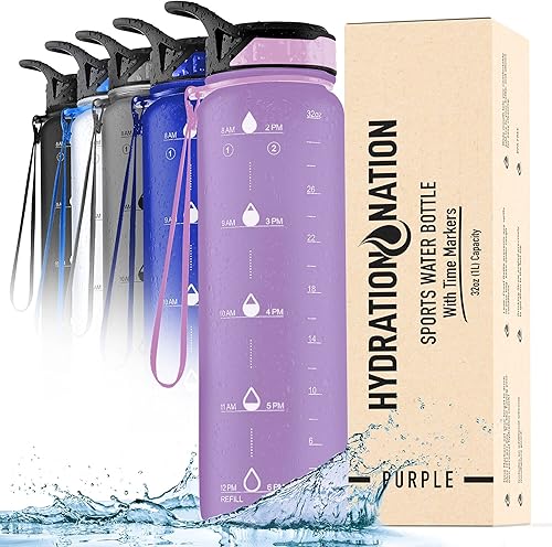 Miniatura 1 de Hydration Nation Botella de agua de 32 onzas con marcador de tiempo, botellas de agua a prueba de fugas con tiempos para beber para fitness y