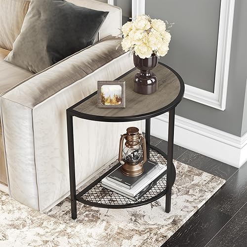 SAYGOER Mesas auxiliares de cama de media luna, mesas auxiliares pequeñas para sala de estar, cama, mesas de sofá de madera de 2 niveles con estante