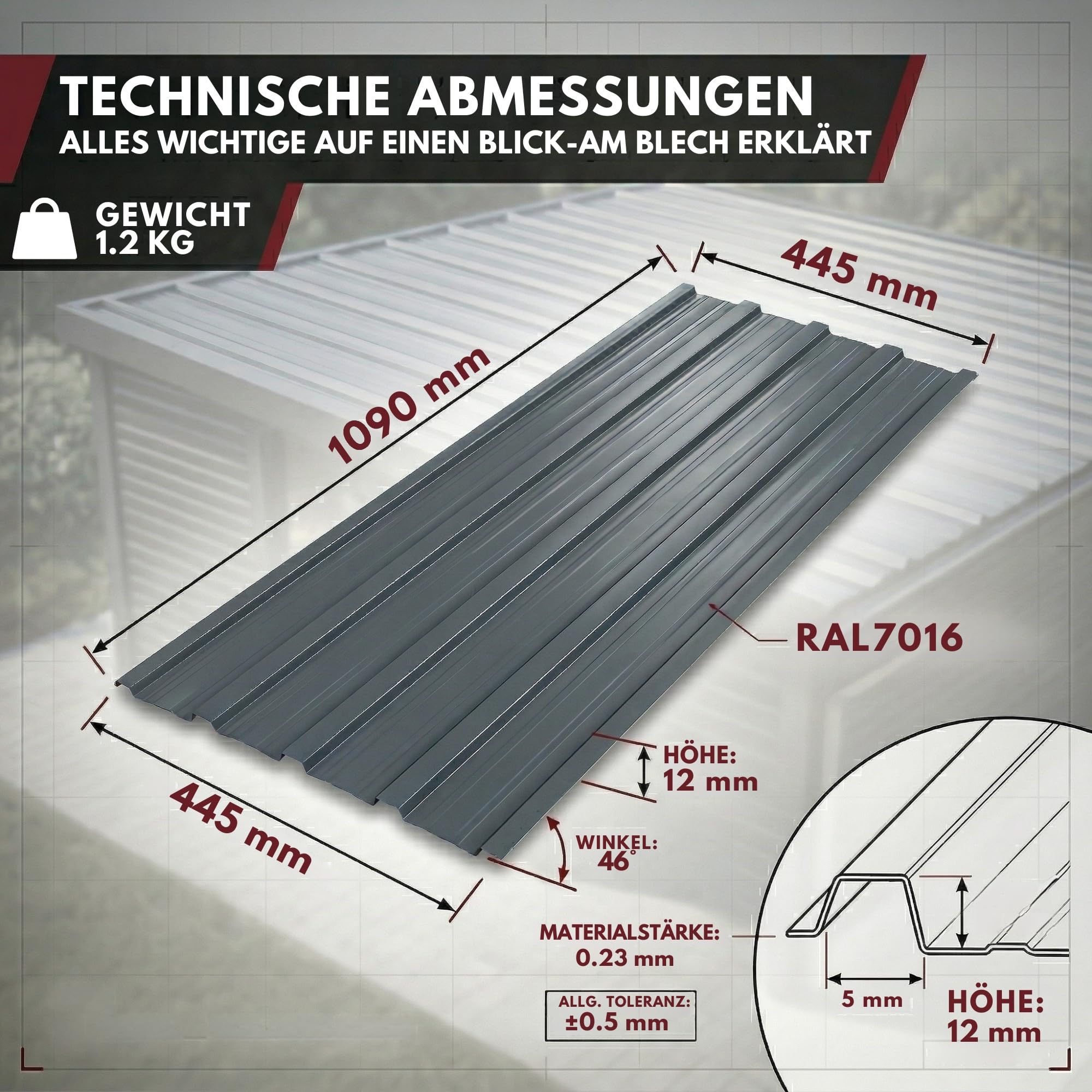 Trapezblech Dachplatten Anthrazit RAL 7016 1090 x 445 mm verzinkt Profilblech Set