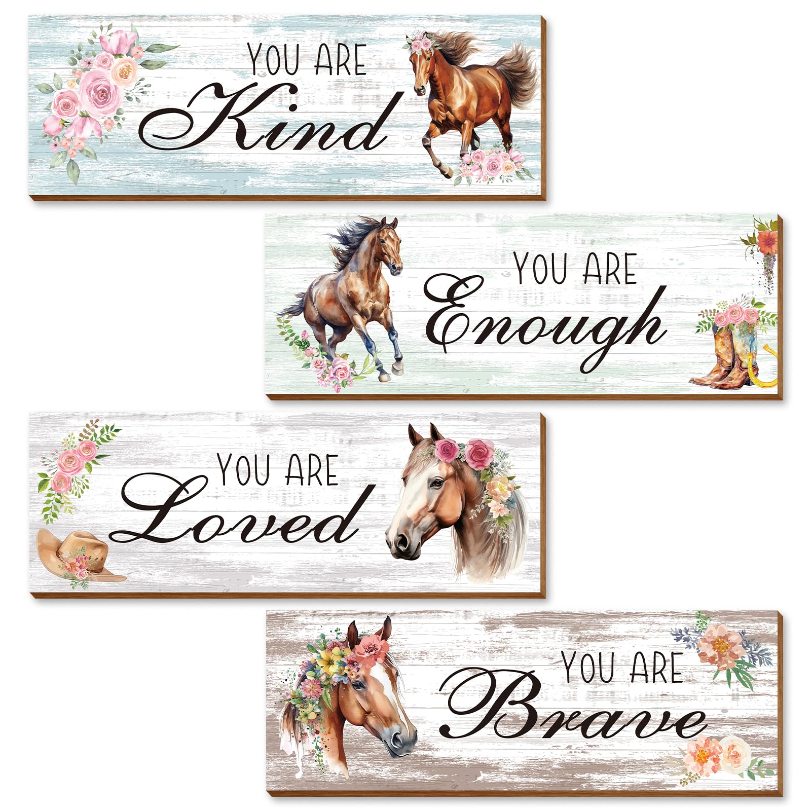 Thrist Cowgirl Horse Theme Wall Decor 4PCS Wooden Inspirational Cowgirl Theme Horse Wall Art Picture Painting Loved Brave Kind Enough Positive Quotes Wall Decor for Bathroom Bedroom Living Room