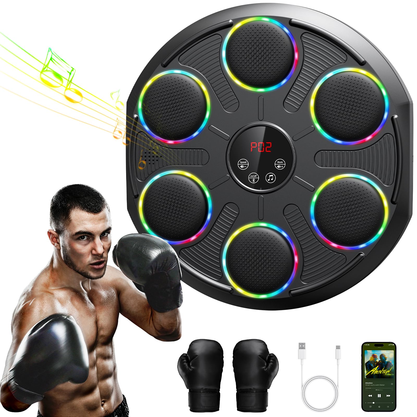 Infaebo Macchina da Boxe Musicale, Extra Large Professionale a Parete con LED Dinamico et Guantone, Bluetooth Smart, Musica Elettronica a 12 velocità, per Adulti e Bambini, Interni e Palestre, Nero