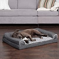 Vista 3 de Furhaven - Cama ortopédica para mascotas para perros y gatos, tipo sofá de piel sintética y lino de rendimiento duradero con funda extraíble