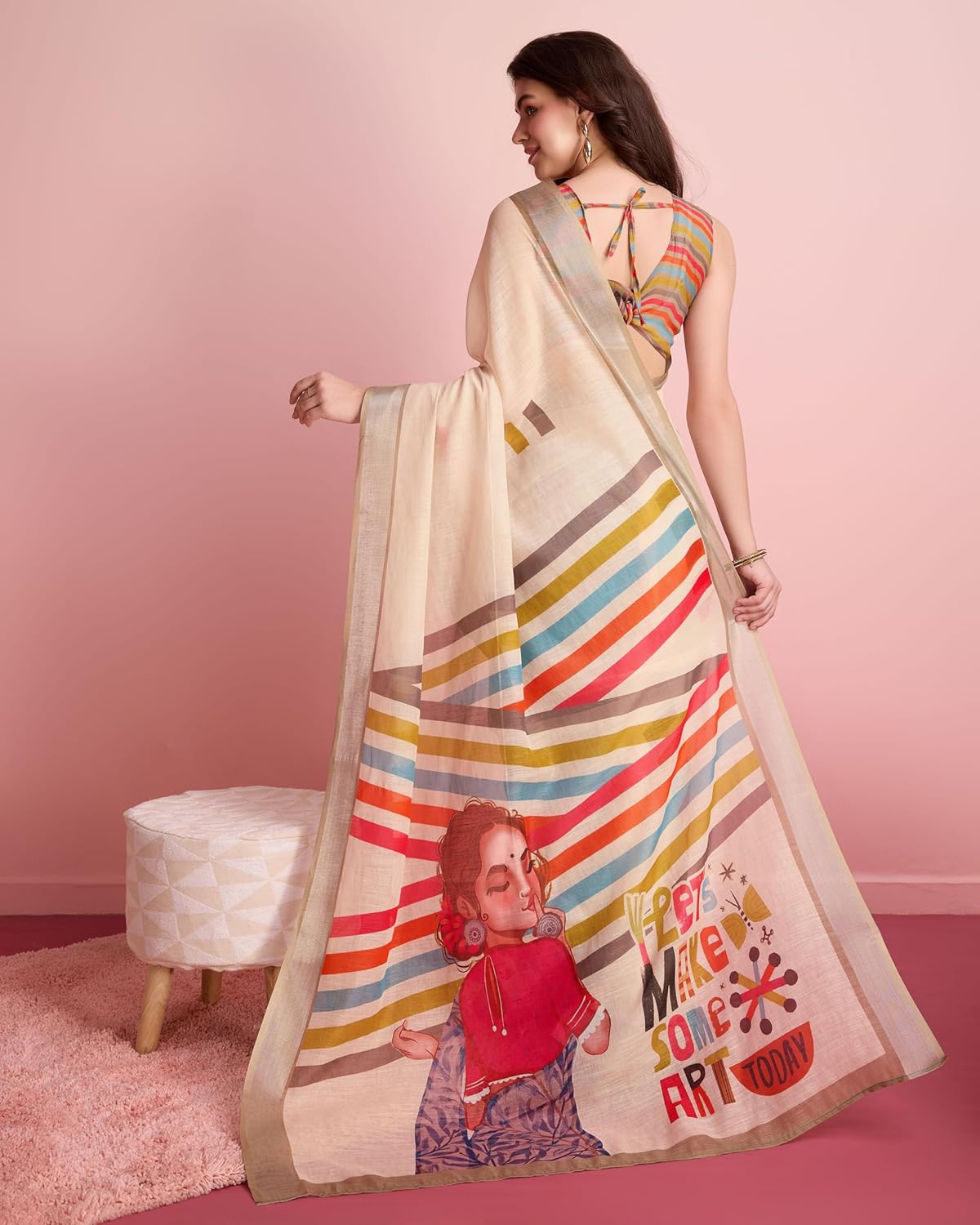 Art Face Prints Handloom Linen Cotton Ready To Wear Saree