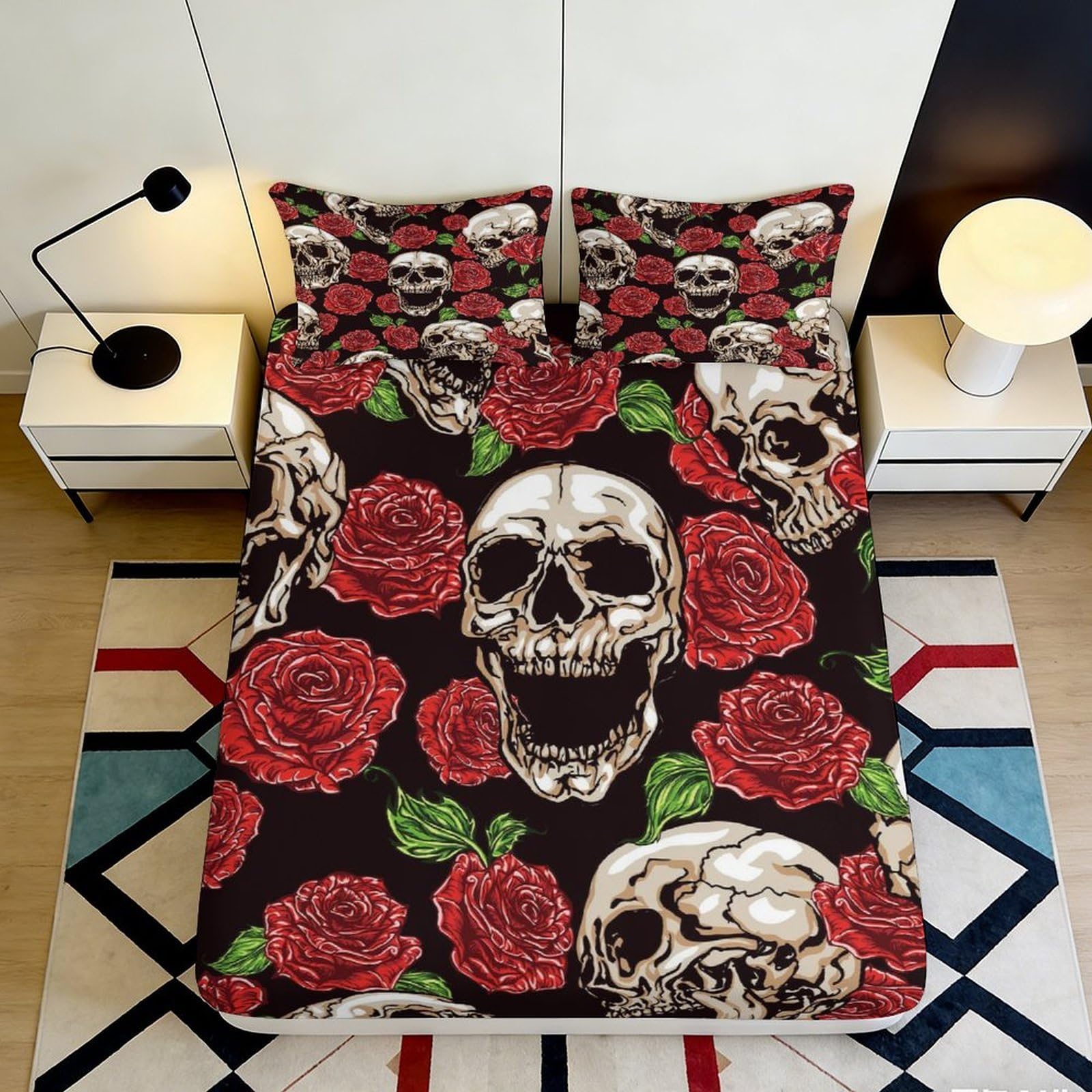 Decorative Skull Fitted Sheet 3D Printed Microfiber Soft Touch Red Rose Bed Cover for Bedroom Apartment Bedding, Wrinkle Resistant, Char 180x200x25cm