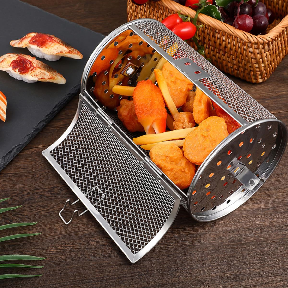 Obrotowy kosz ze stali nierdzewnej do piekarnika i grilla, akcesorium klasy spożywczej do grillowania orzechów i narzędzi kuchennych, idealny dla entuzjastów pieczenia i grillowania