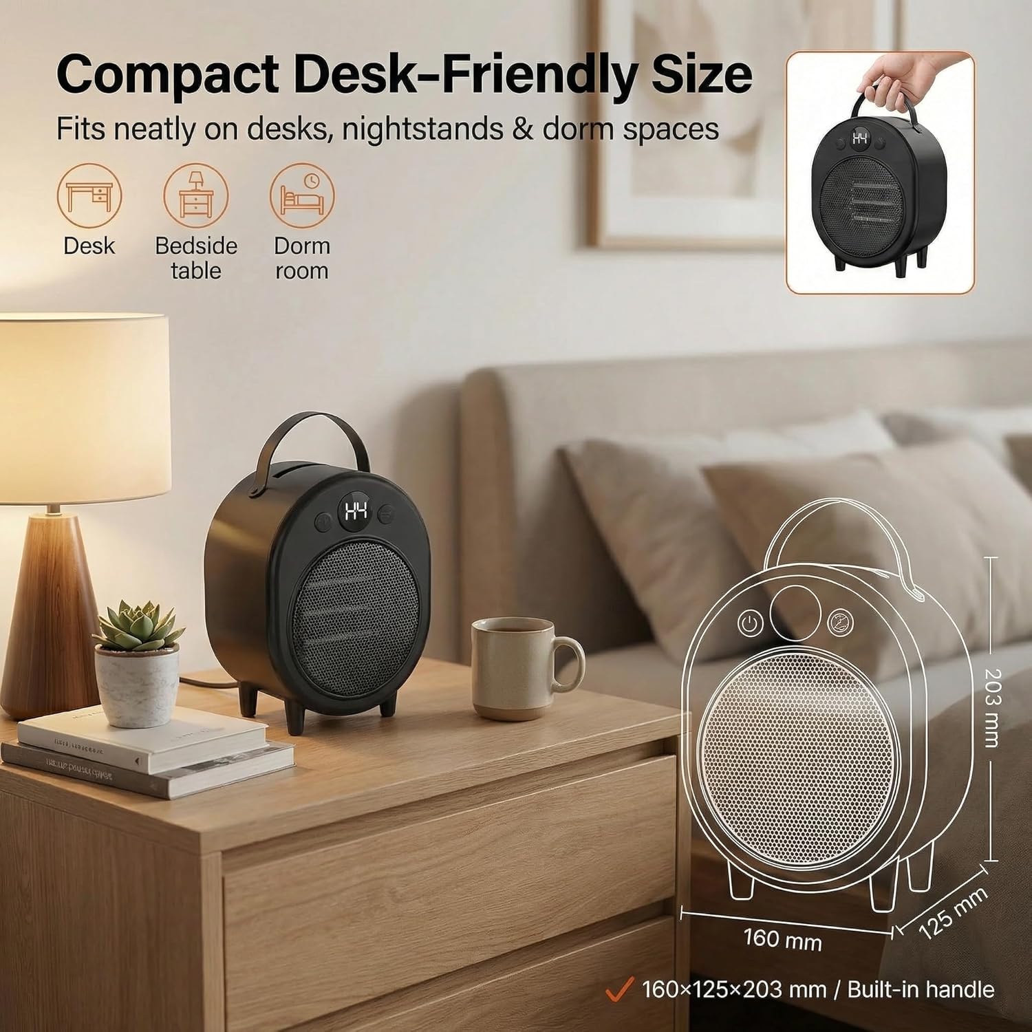 Graphene Far‑Infrared Mini Space Heater, 4 Modes 650/750/1000W + 3.5W Fan Only, One‑Button Control, Portable Handle, Overheat Protection, Compact Personal Desk & Bedside Heater, 120V