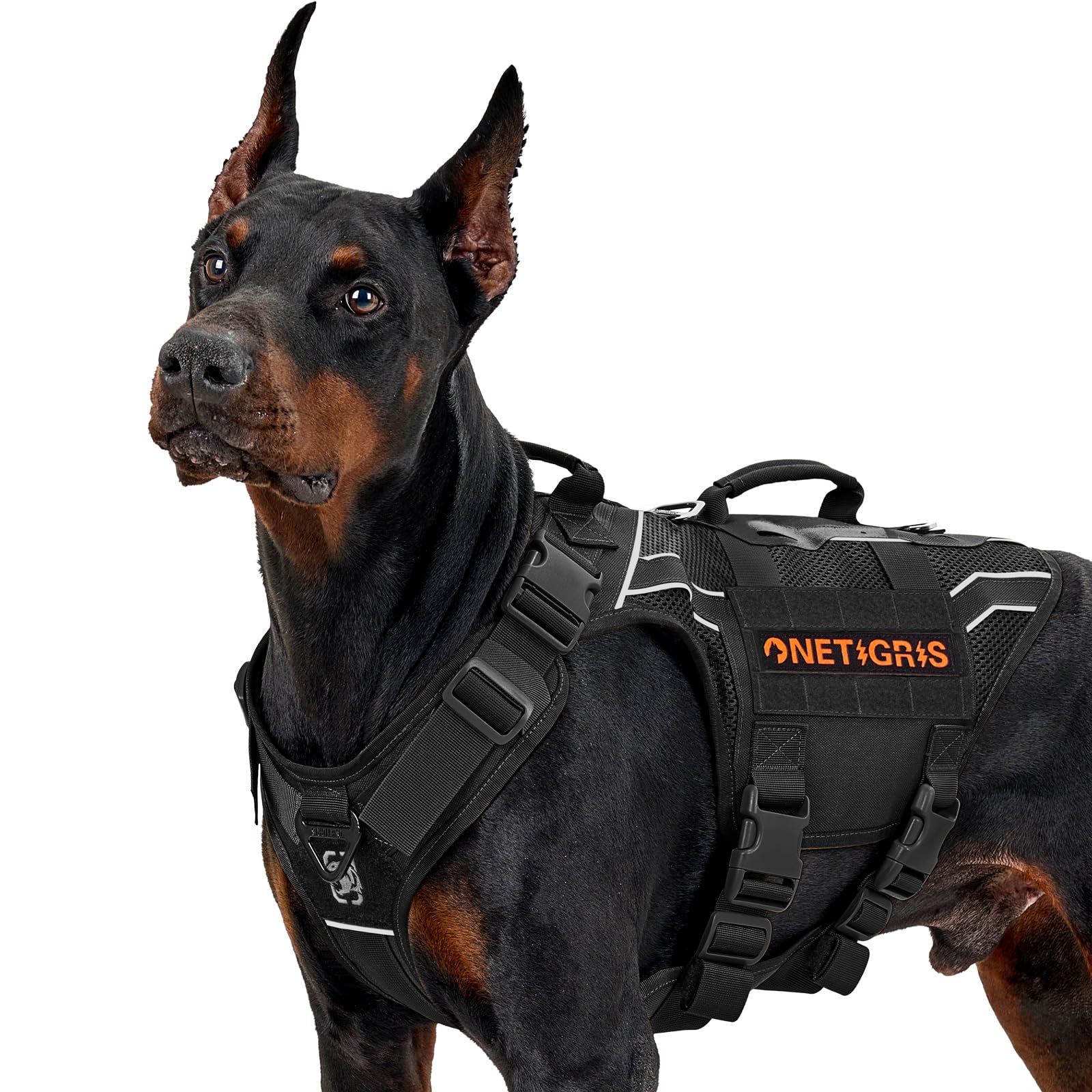 OneTigris Pettorina Cane Taglia Grande, AIRE Armor Mesh Traspirante Tattiche Pettorina per Cane, con 2 manici e 3 anelli a D No-Pull, Riflettente Addestramento Cani Anti Tiro, Nero, XL