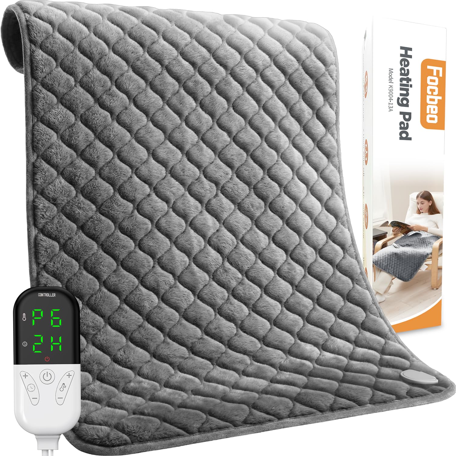 Focbeo King Size Heating Pad for Back 32"x24" Extra Large Heat Pad | FSA Eligible/HSA Electric Heating Pad for Back Pain&Period Cramps 6 Temperature/Auto Shut Off Settings Machine Washable Gray