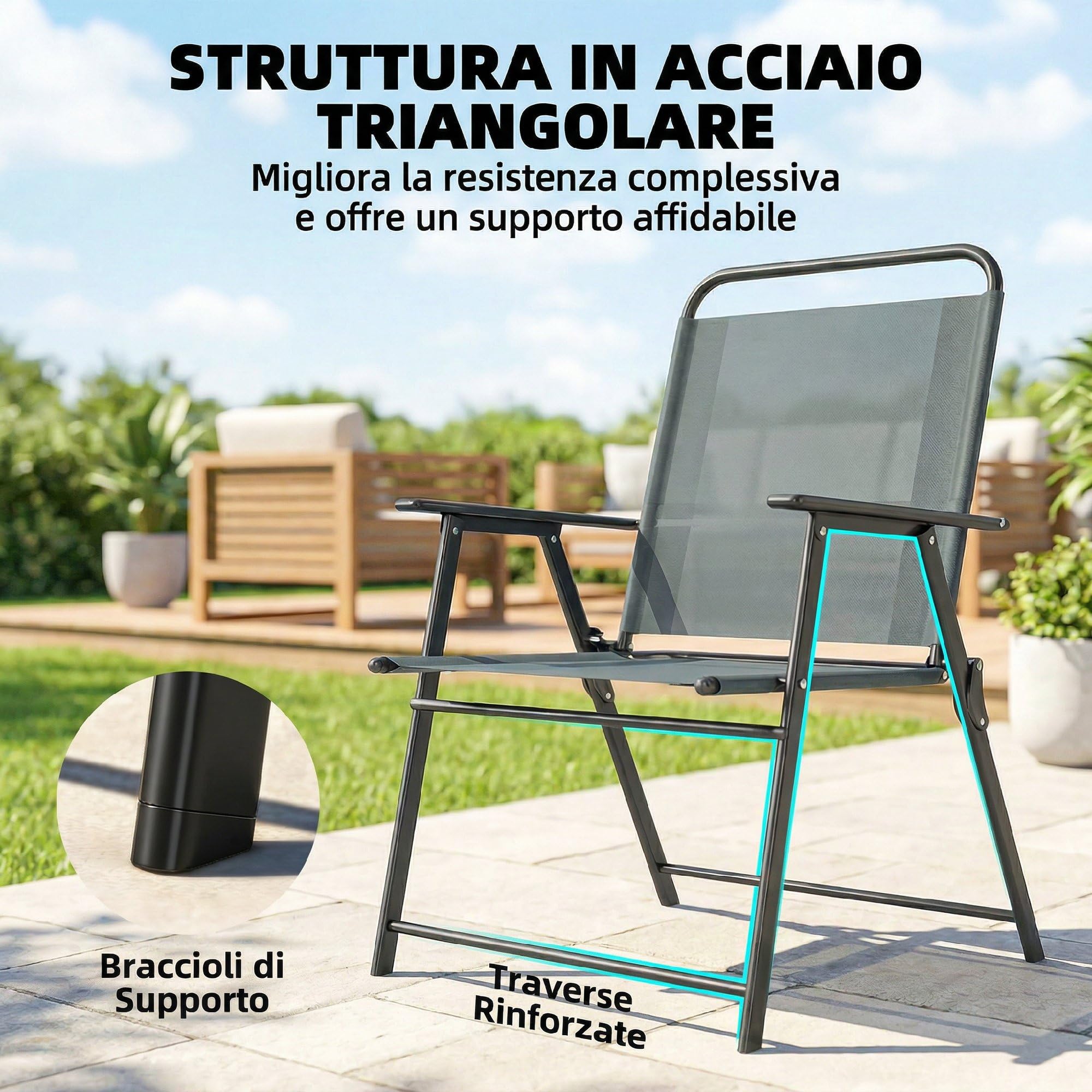 Outsunny Set di 2 Sedie da Giardino Pieghevoli, Seduta in Rete, Schienale Alto e Braccioli, Grigio