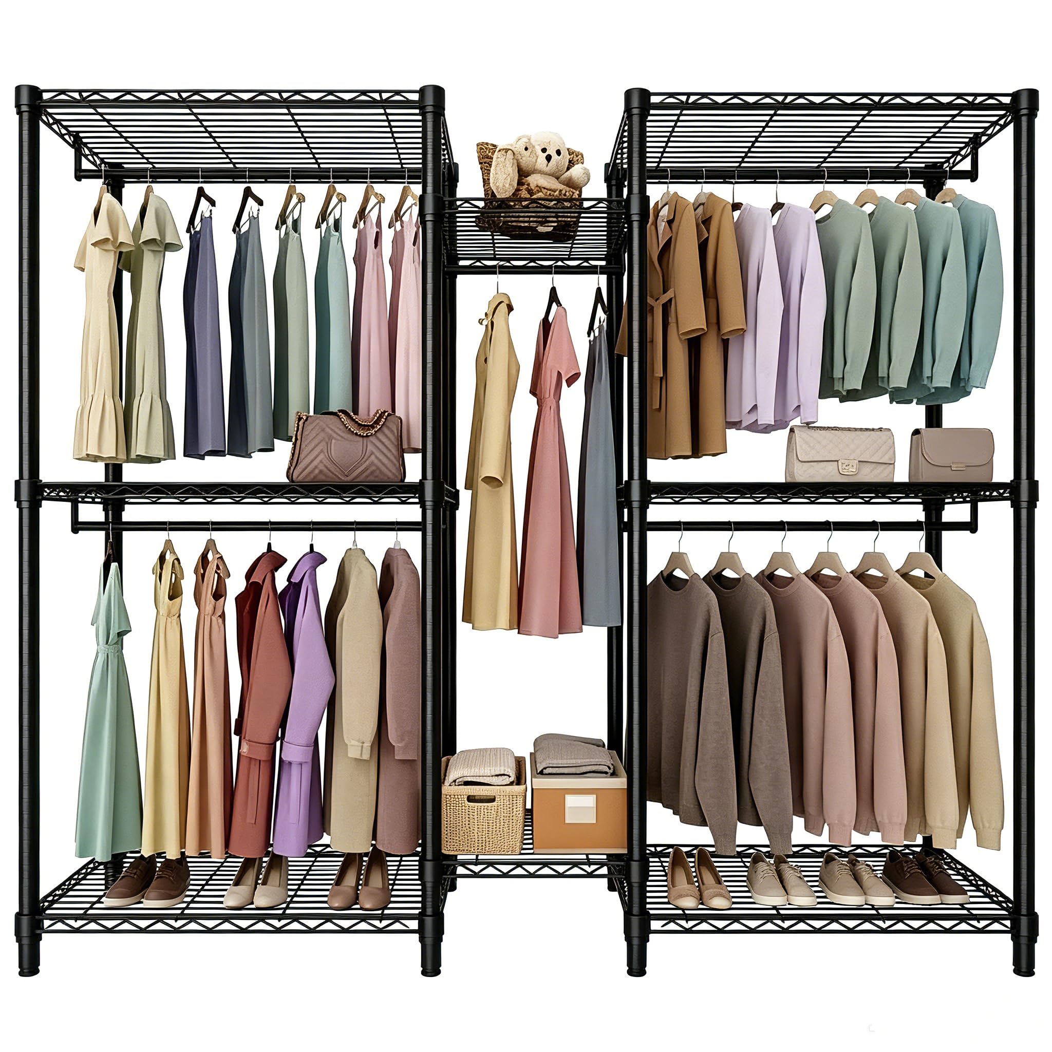 Perchero de Ropa Resistente, Armario Vestidor con 3 Combinaciones, Niveles 3×2×3, Vestidor Profesional para Dormitorio de Adulto, Perchero de Dos Pisos, Negro 195×45×195cm