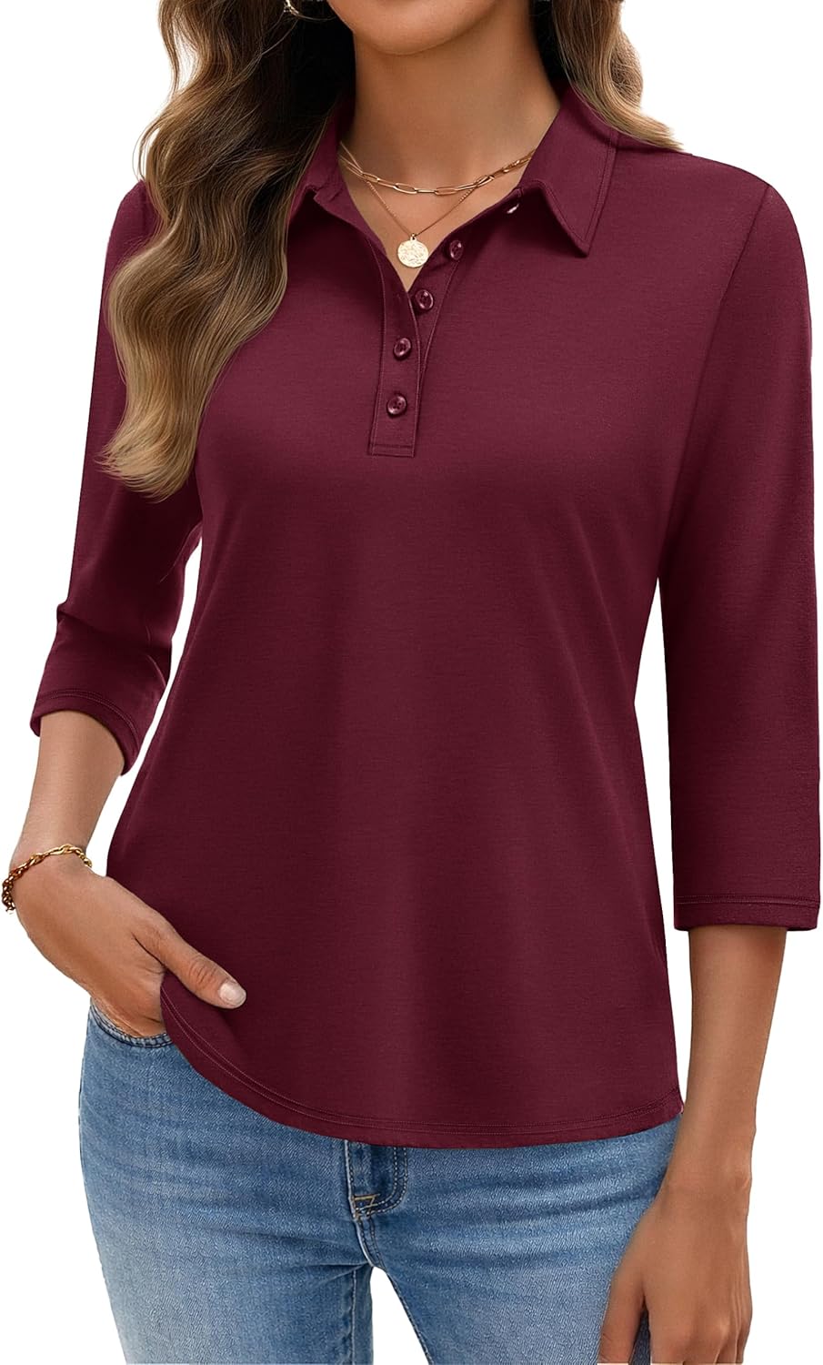 YUCOLEN Polo Shirts for Women 3/4 Sleeve Tops Golf Tees 5-Button Collared Cotton Shirt Business Casual