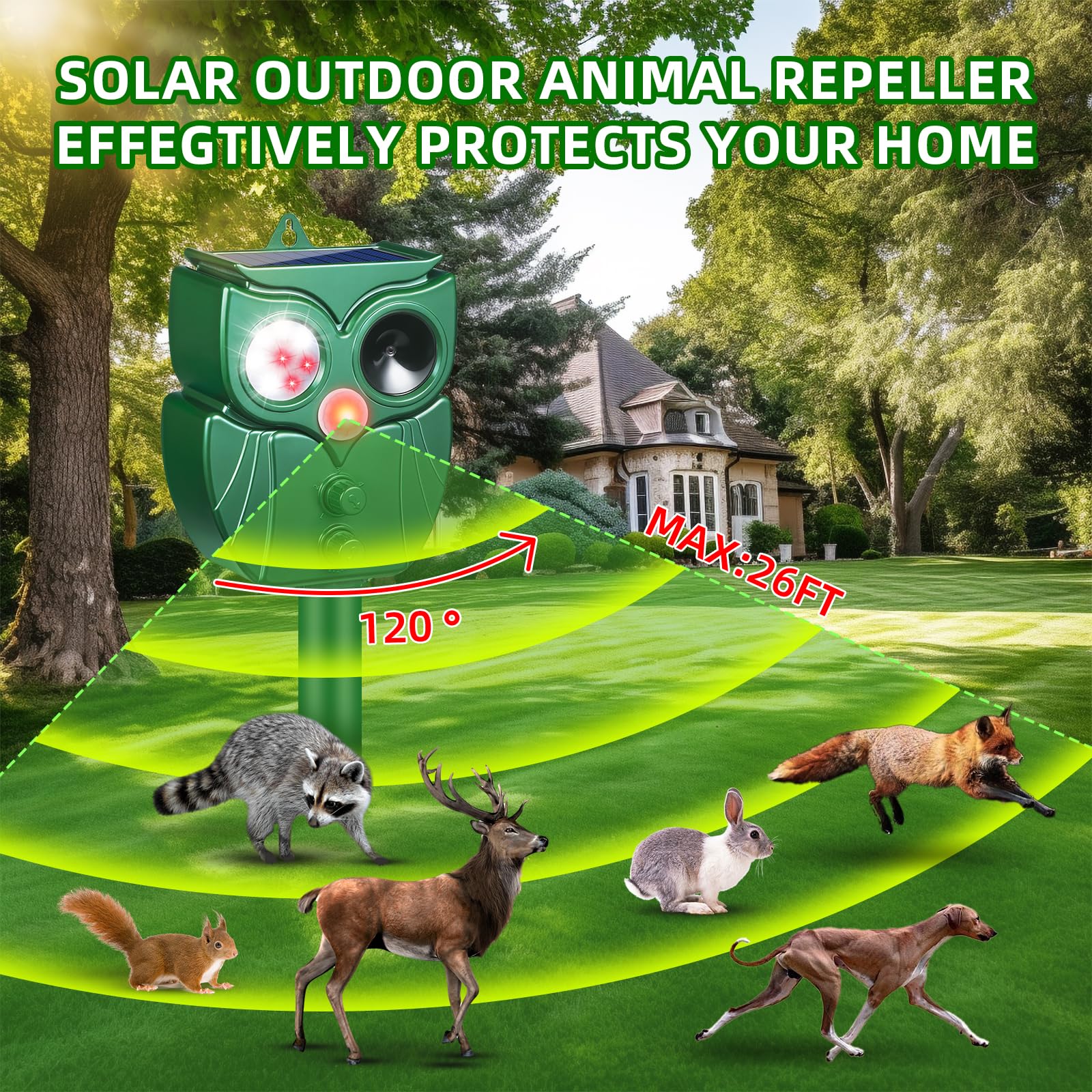 Ultraschall-Tiervertreiber für den Außenbereich, mit Bewegungssensor, wasserdicht, solarbetrieben, mit LED-Blitzlicht, effektive Abschreckung für Hunde, Eichhörnchen, Waschbären, Stinktiere, Kaninchen