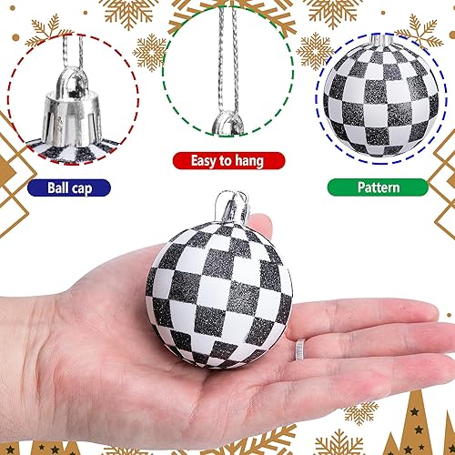 Miniatura 3 de 12 bolas de Navidad en blanco y negro, bolas colgantes a cuadros de búfalo de 2.4 pulgadas, adorno de árbol de Navidad inastillable para Navidad,