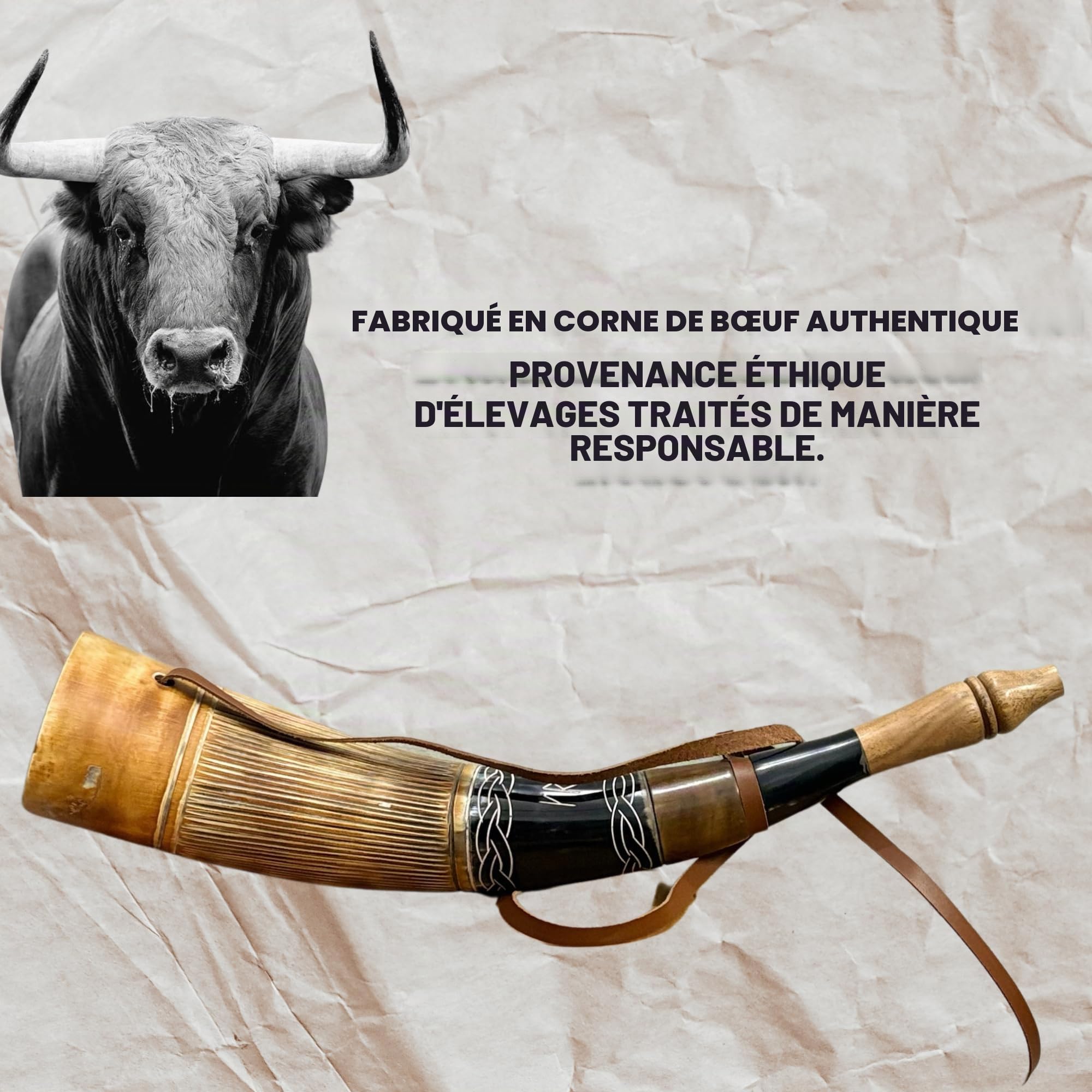 Corne de guerre viking traditionnelle avec sangle en cuir, design celtique décoratif, corne de guerre viking – Trompette de combat de 45,7 cm fabriquée à partir de corne de bœuf authentique de qualité