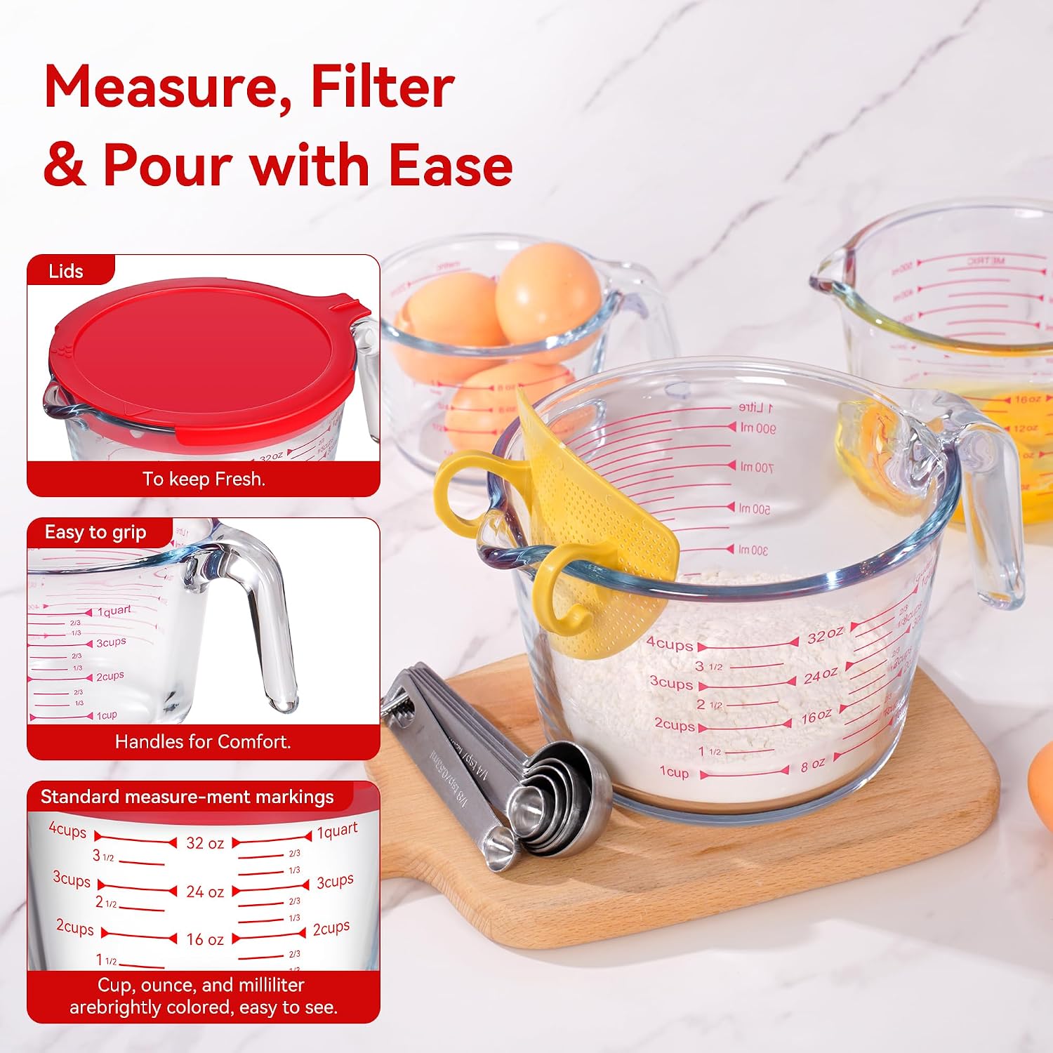 2 Pack Borosilicate Glass Measuring Cups with Lid, 1 & 2 Cup Heat Resistant Liquid Measuring Cups, Oven Microwave Freezer Dishwasher Safe for Baking Cooking Food Prep