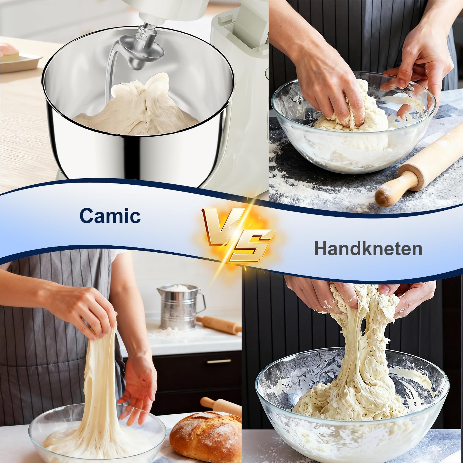 Camic Küchenmaschine mit LED-Display, Zeit Einstellen, Knetmaschine mit Rührhaken, Knethaken, Schlagbesen, 10 Stufen, 2 Edelstahlschüsseln 4L+5L, für Teig, Brot, Pizza, Kuchen (White)