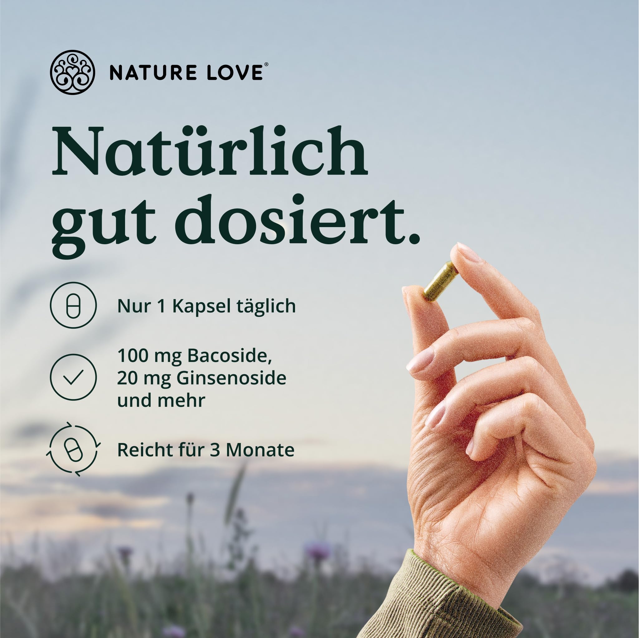 NATURE LOVE® Fokus – 90 Kapseln – mit Ginseng, Ginkgo Biloba, Brahmi & Cholin – Alternative zu Konzentrations Tabletten & Brain Booster – vegan, laborgeprüft, in Deutschland produziert