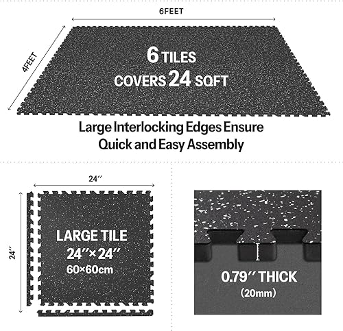 Miniatura 3 de AIRHOP Alfombrillas de equipo de ejercicio de 0.79 pulgadas de grosor de 24 pies cuadrados, 6 azulejos superiores de goma mejorados con espuma EVA