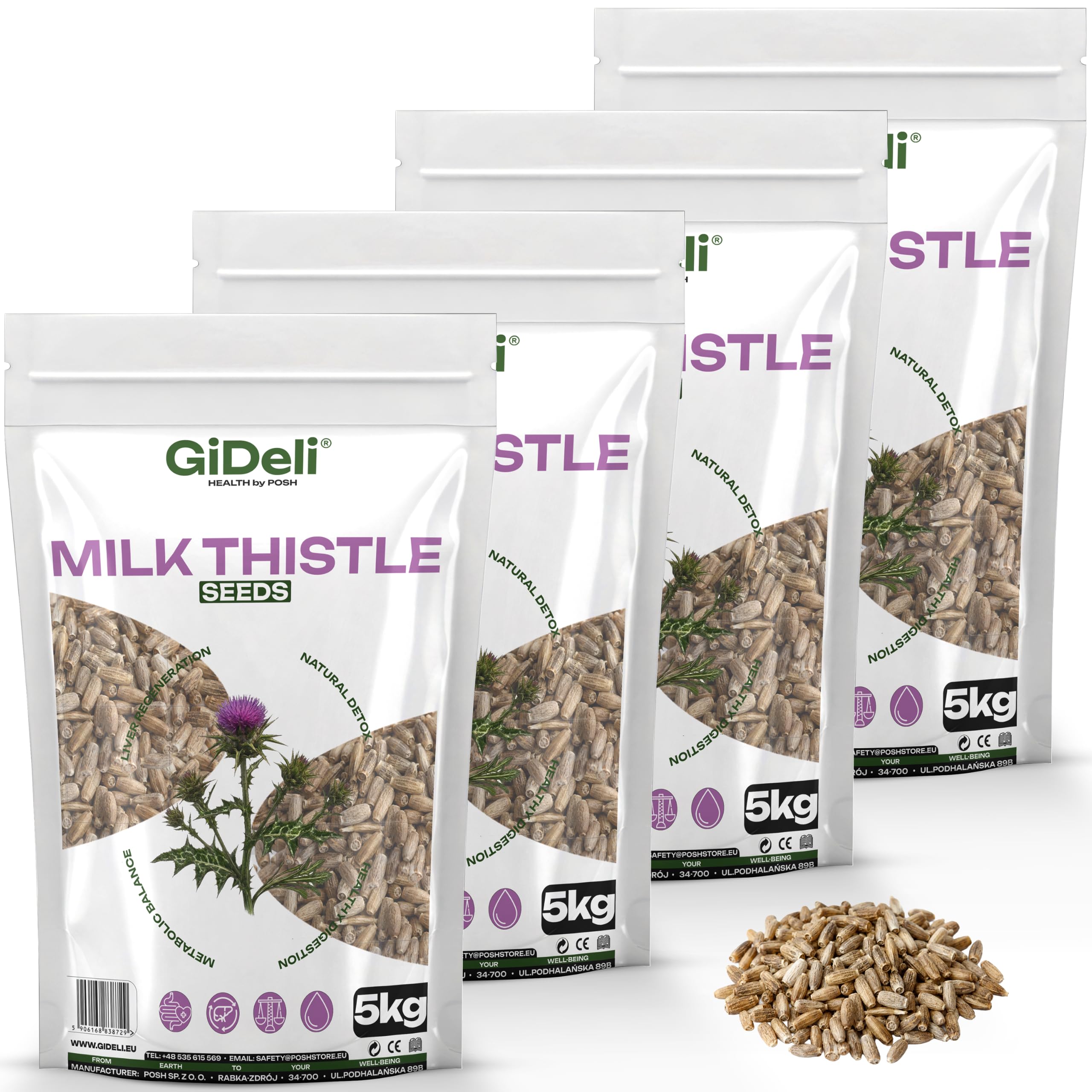 GiDeli Semillas de cardo mariano 4 x 5 kg – 100% semillas enteras sin aditivos para la dieta diaria – Contenido natural de silimarina – Ideal para yogur, cereales, batidos y ensaladas – Origen