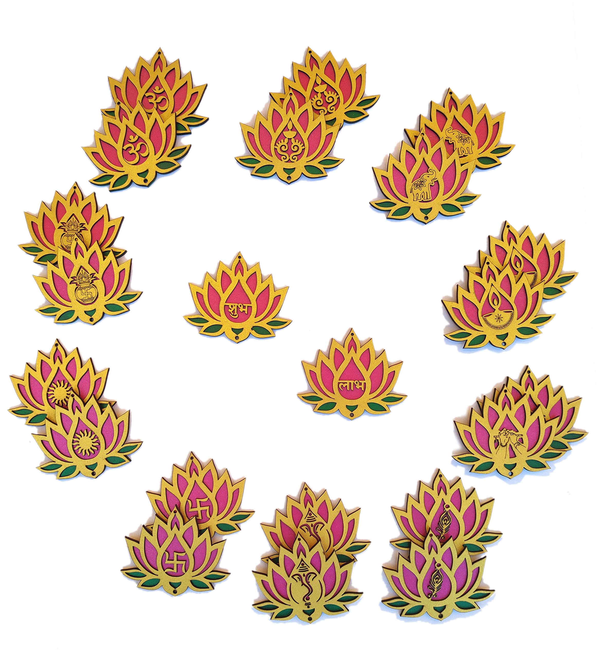 StepsToDoUltimate Set of 22 Designer Lotus. Artistic Handicraft. Wall Hanging. Floor Rangoli. Reusable Festive Home Decor for Diwali Navratri Pooja. Big 4 inch Size (Pink-Green-Golden)