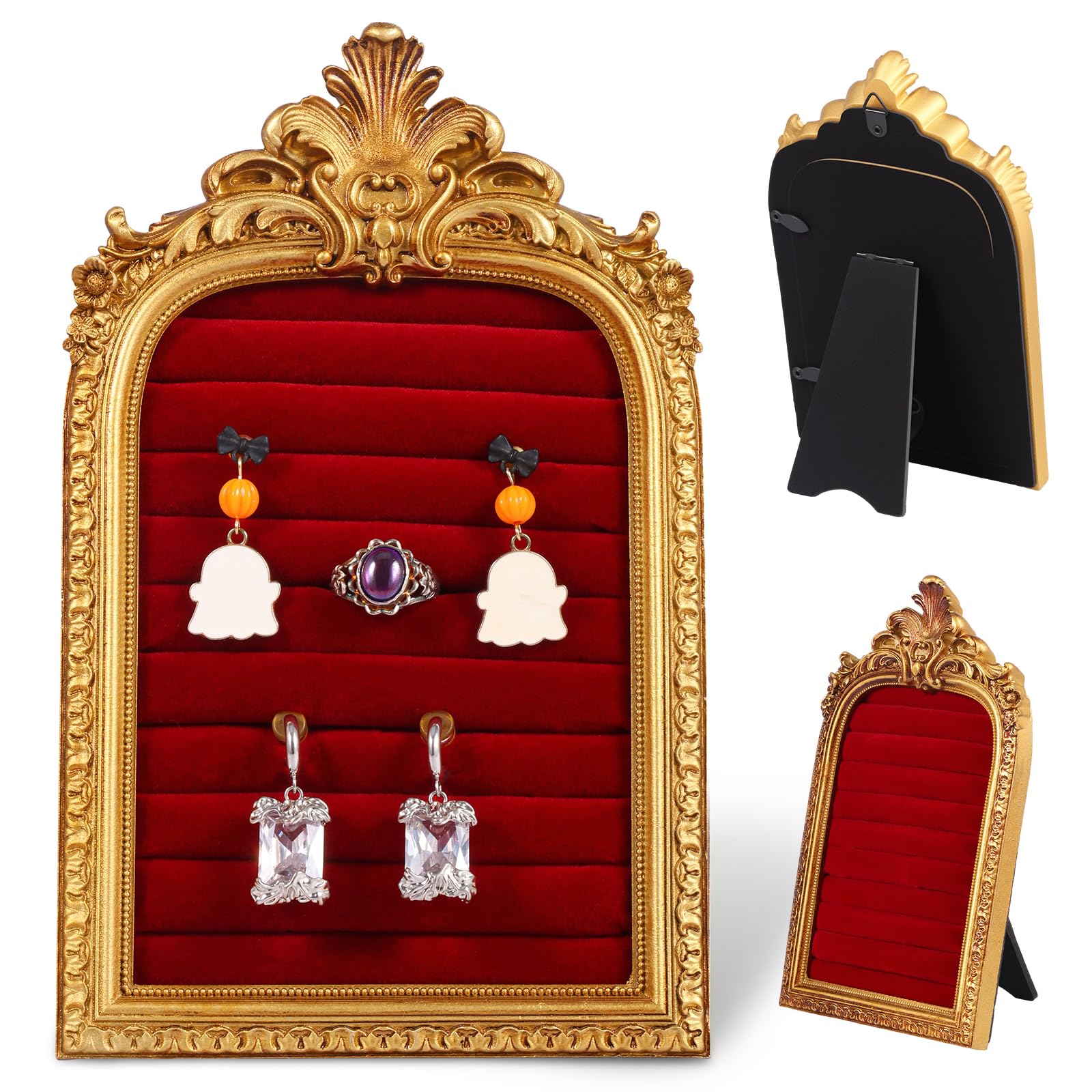 CBWERBB Vintage Ring Holder,Resin & Velvet Ring Display Jewelry Box Gold Picture Frame Jewelry Display Stand for Anniversary Engagement Photograph Prop for Women Wedding Holiday Present(Gules)